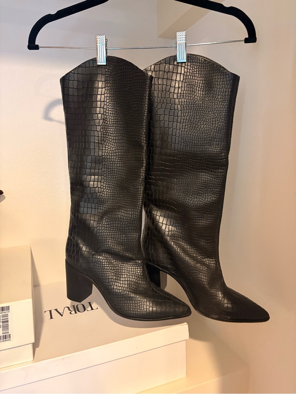 SCHUTZ Black Croc-Embossed Over-the-Knee Boots